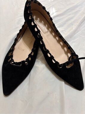 Pointed Black Suede Ballet Flats with Cutout Trim